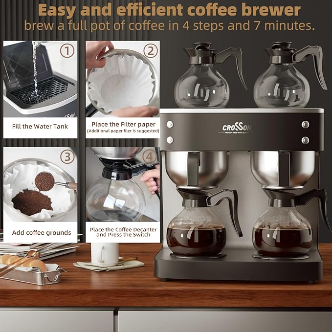 crosson 200 Cup/hour Commercial Drip Coffee Maker 7.2L Pour Over Coffee Brewer with 4 Glass Decanter&ampWarmers and Easy Clean Fingerprint Free Housing and 304 Stainless Steel Funnel
