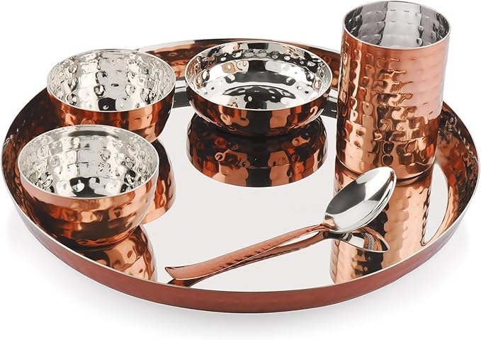 Hammered Copper Plated Stainless Steel Dinner Set 6 Piece Thali Set with Bowls and Glass Silver Interior