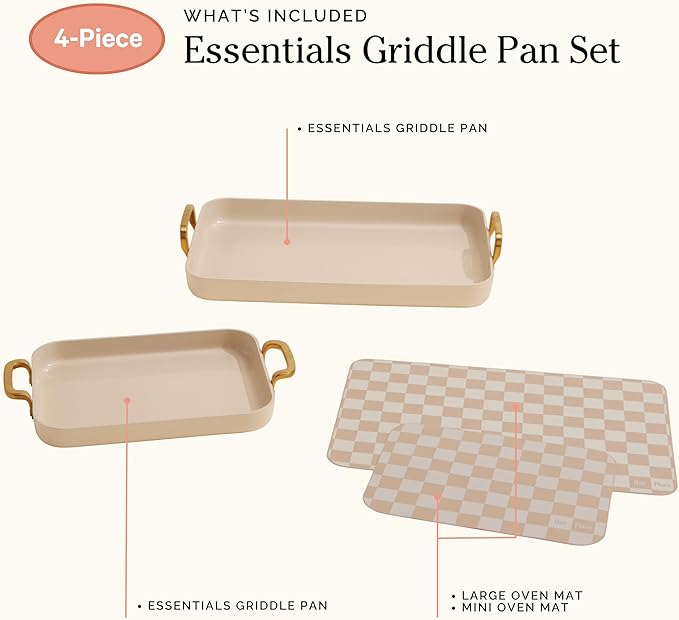 Our Place Essentials 4-Piece Griddle Pan Set | Nonstick Griddle Standard &amp Mini with Reusable Silicone Oven Mats | Thermakind™ PFAS-Free Nonstick Oven Safe Stovetop to Oven Versatility | Cream