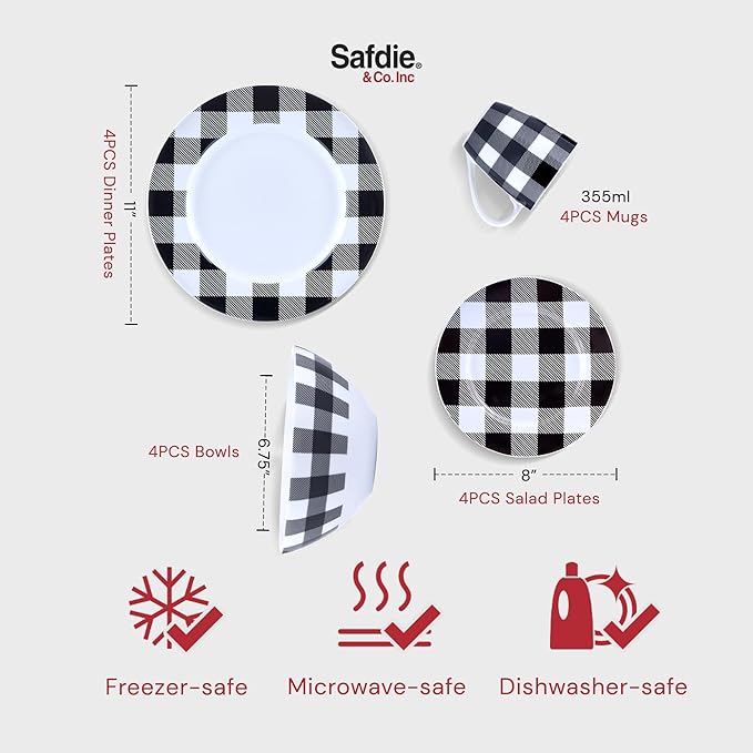Winter Frost White Black Modern Kitchen Dinnerware Sets Indoor and Plates 16-Piece Plaid Kitchen Plates and Bowls Set with Mugs Dishwasher Safe