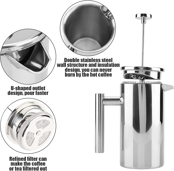 French Press Coffee Maker Double Walled Stainless Steel Coffee Pot Tea Press Coffee Press Coffee Maker with Filter for Kitchen Travel Camping (800ML)