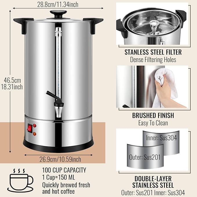 VIHOSE Commercial Coffee Maker Stainless Steel Electric Coffee Urns with 5oz Paper Cups and Coffee Drip Trays Hot Water Large Coffee Dispenser for Catering Restaurant Home Party (100 Cup/ 15 L)