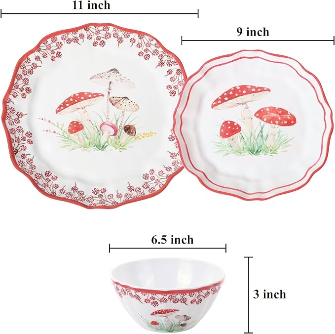 UPware 12 Piece Mushroom Melamine Dinnerware Sets Outdoor Dishes Set Plates and Bowls Sets Service for 4 Red