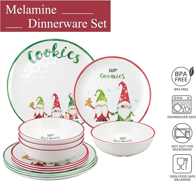 UPware 12 Piece Gnomies Melamine Dinnerware Sets Outdoor Dishes Set Plates and Bowls Sets Christmas Decorations Service for 4 White