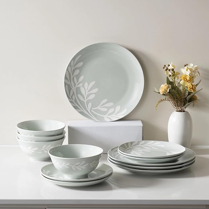 12-Piece Stoneware Dinnerware SetMicrowave &amp Dishwasher Safe Includes Dinner Plates Salad Plates Bowls and Mugs Service for 4