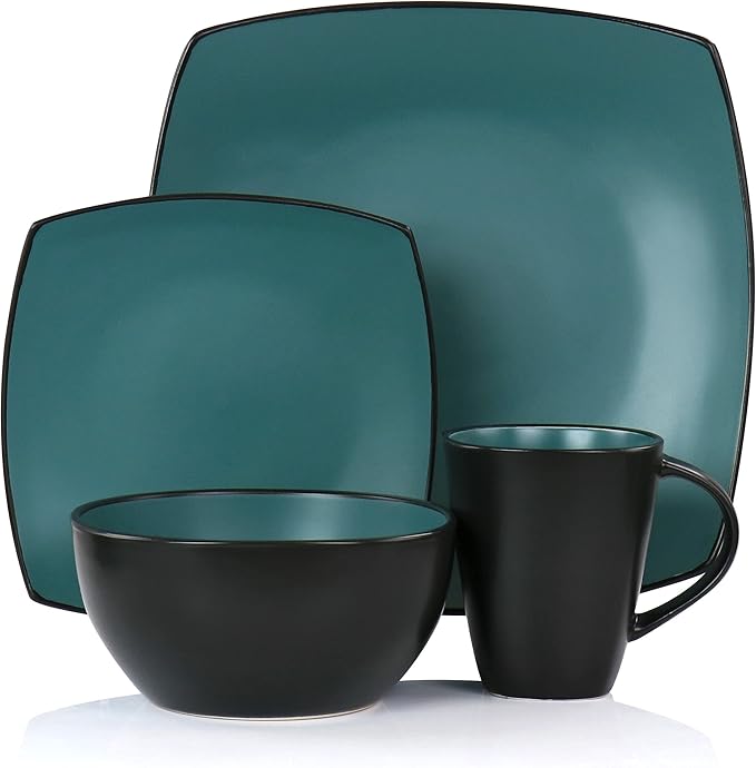 16pc Square Stoneware Dinnerware Set in Teal Green Solid Casual 16 Piece Microwave Safe