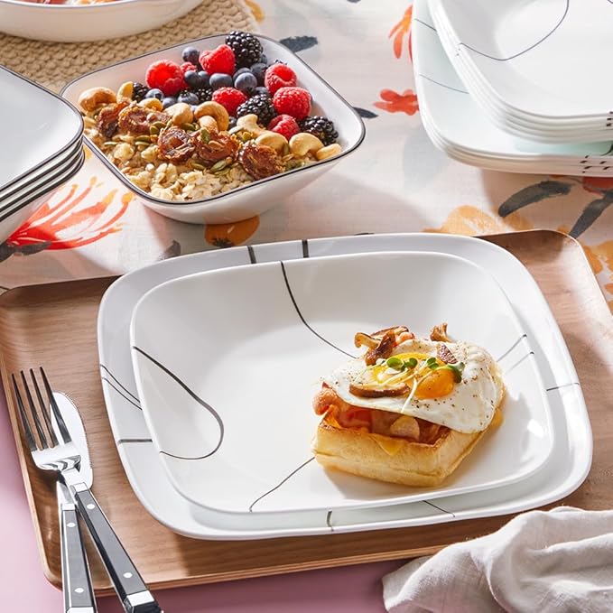Corelle 18-Piece Service for 6 Dinnerware Set Triple Layer Glass and Chip Resistant Lightweight Square Plates and Bowls Set Simple Lines