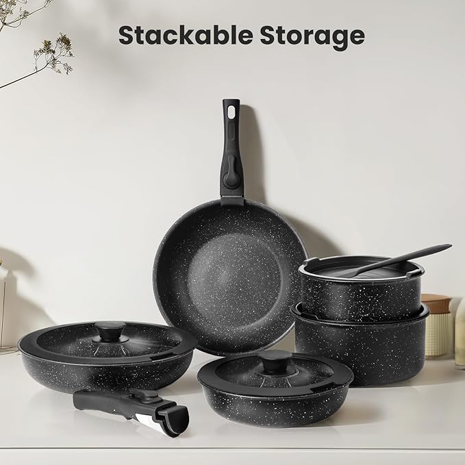12 Pcs Pots and Pans Set Nonstick - Kitchen Cookware Set with Detachable Handle Induction Cookware Dishwasher Oven Safe (Black)