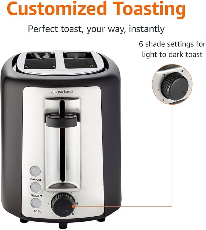 Amazon Basics 2 Slice Toaster Extra Wide Slots for Bagels 6 Browning Settings Removable Crumb Tray Defrost/Cancel/Bagel Buttons Cord Wrap 900W Black &amp Silver