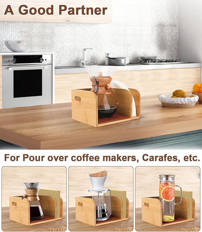 Bamboo Caddy with Lid &amp Heatproof Trivets Mat for Chemex CoffeeMakers - Designed for Chemex Pour - Over Glass Coffeemaker(3/5/6/8/10Cup) for Bodum Pour Over Coffee makers - Bamboo cup not include