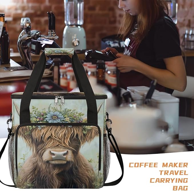 Alpine Cow Flower Coffee Maker Carring Bag Travel Carrying Storage Tote Bag Compatible with Keurig K-Mini or K-Mini Plus Portable Single Serve Coffee Brewer Case with Pockets for K-cup Pods