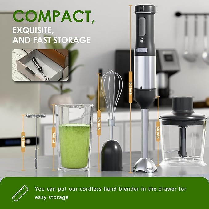 Cordless Immersion Hand Blender 5-in-1 Variable Speed blender handheldRechargeable with 2000mAh Battery BPA-Free &amp Dishwasher-Safe Accessories:700ml BeakerChopperWhisk &amp Milk FrotherBlac