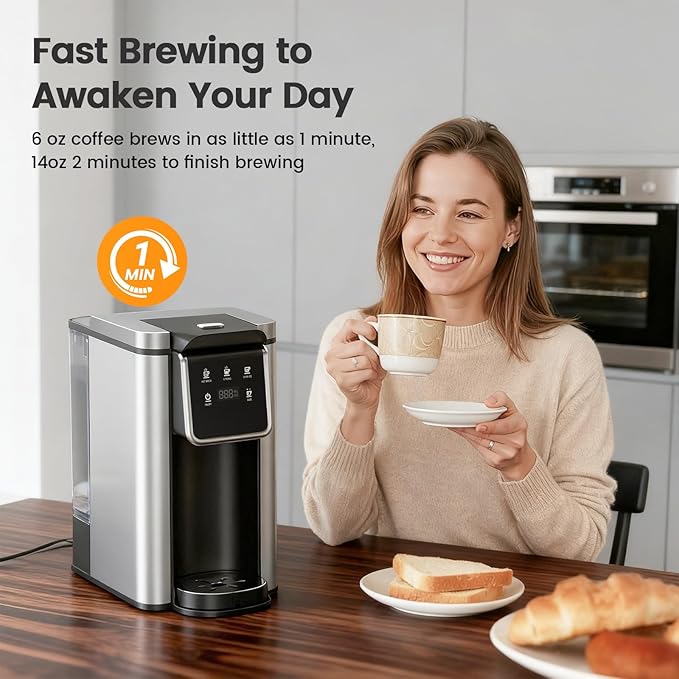 Single Serve Coffee Maker for K-Cup Pod and Grounds Hot and Iced Coffee Maker Strong Button Feature 6 to 14oz Brew Sizes 50oz Removable Tank Up to 6.5 Inch Cup Stainless Steel Black