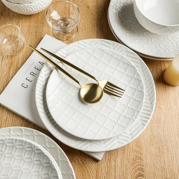 Sureasy Ceramic Dinnerware Sets for 6 18 Pieces Stoneware Plates and Bowls Sets Embossed Scratch Resistant Dinner Set Dishwasher&ampMicrowave Safe White