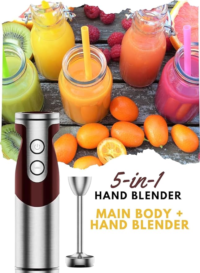 MegaWise Pro Titanium Reinforced 5 in1 Immersion Hand Blender Powerful with 80% Sharper Blades 12 Speed Corded Blender Including 500ml Chopper 600ml Beaker Whisk and Milk Frother