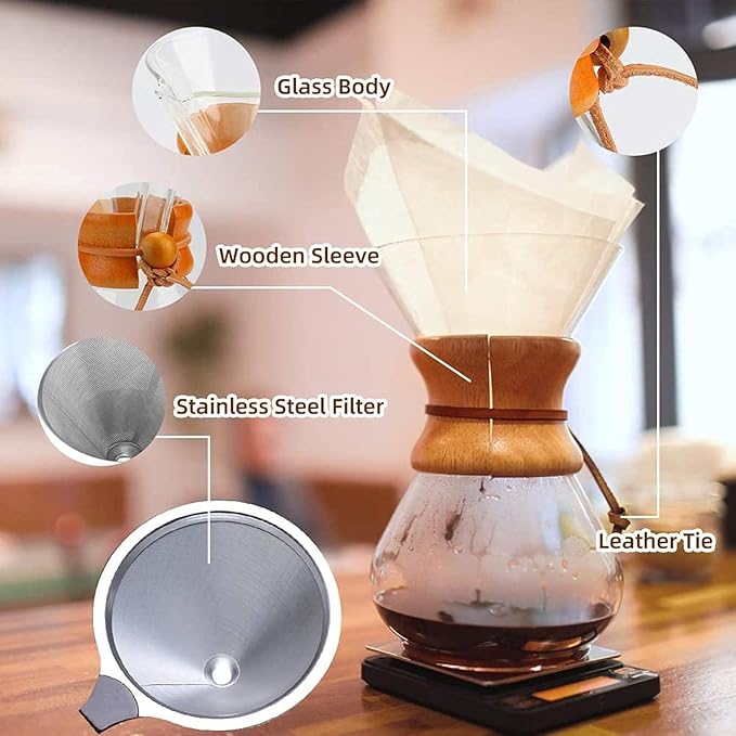 AYNEFY Pour Over Coffee Maker 400ml Double Layer Filter V Spout Wooden Sleeve Coffee Brewer Coffee Pot Borosilicate Glass Carafe Drip Coffee Maker for Home Cafe Party