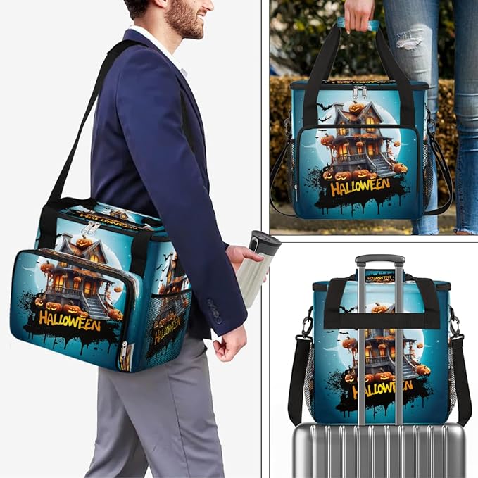 Halloween Moon Castle Pumpkin Bats Coffee Maker Carring Bag Travel Carrying Storage Tote Bag Compatible with Keurig K-Mini or K-Mini Plus Portable Single Serve Coffee Brewer Case with Pockets