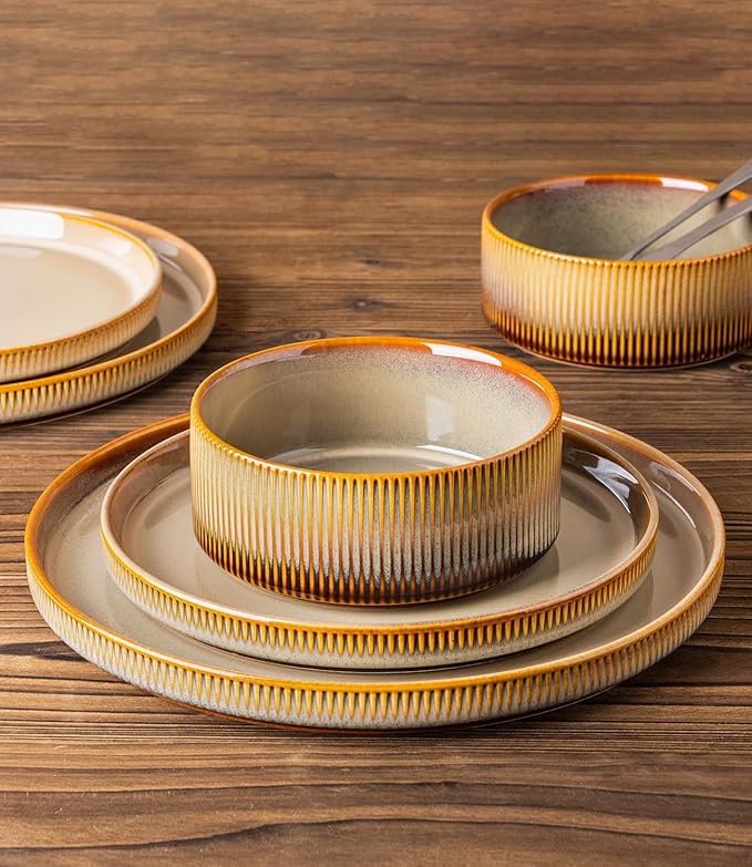 TheTerra Ceramic Dinnerware Sets for 4 12 Pieces Porcelain Lightweight Plates and Bowls Sets Scratch Resistant Dish Set Oven &amp Microwave &amp Dishwasher Safe Creamy Amber
