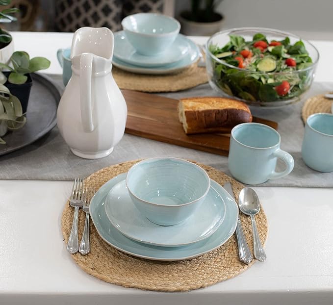 Elanze Designs Reactive Glaze Farmhouse Rustic Boho Ceramic Stoneware Dinnerware 16 Piece Plate Bowl Mug Dish Set - Service for 4 Ice Blue