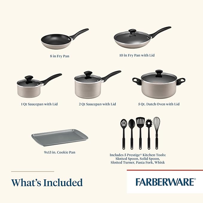 Farberware 21805 Dishwasher Safe Nonstick Cookware Pots and Pans Set 15 Piece Champagne