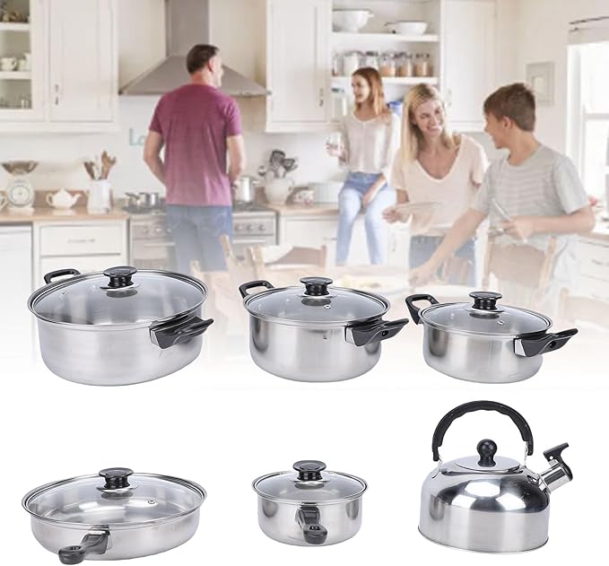 Yosoo Stainless Steel Cooking Set Kitchen Pots and Pans Set with Tea Kettle Glass Lids for Frying Boiling Stewing