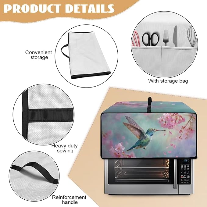 Hummingbird Flower Print Toaster Oven Dust Cover Heavy Duty Toaster Smart Oven Dust Cover with Accessory Pockets M