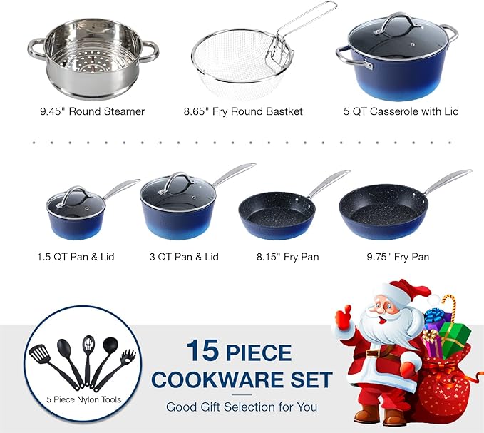 MAISON ARTS Kitchen Cookware Sets - 15 Piece Nonstick Pots and Pans Sets with Granite Hammered for Induction &amp Dishwasher Safe Oven Stovetop Blue