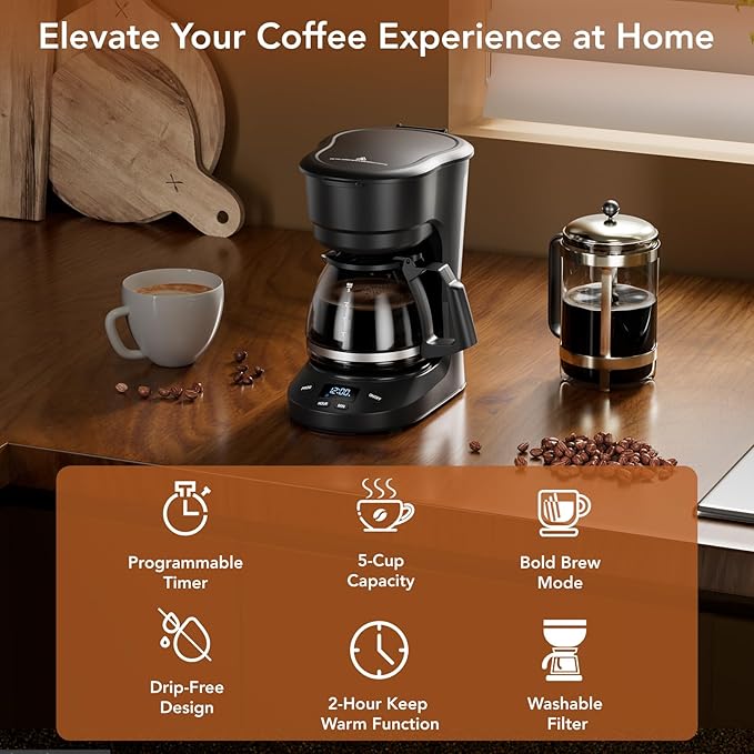 COWSAR Compact Coffee Machine5 Cup Drip Coffee Maker with Timing Function2H Auto Power-off 2H Keep WarmPause &amp Brew Reusable Filterand Drip-Free Carafe Black - 3710H - Commercial Performanc