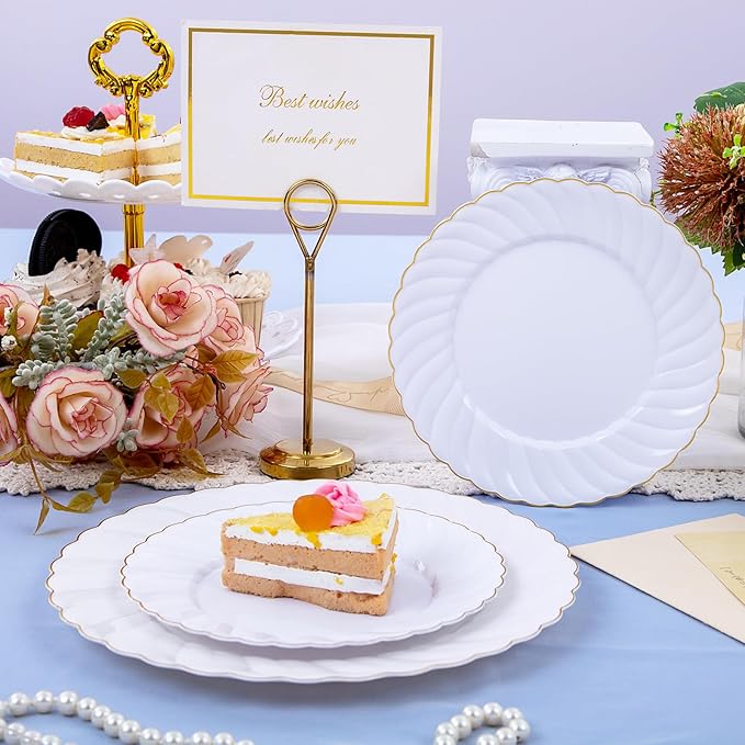 U-QE 100 Pieces Gold Plastic Plates - Premium White Plastic Plates for Party Wedding and Daily Use Including 50PCS 9 '' Plastic Dinner Plates &amp 50PCS 6.5 '' Plastic Dessert Plates