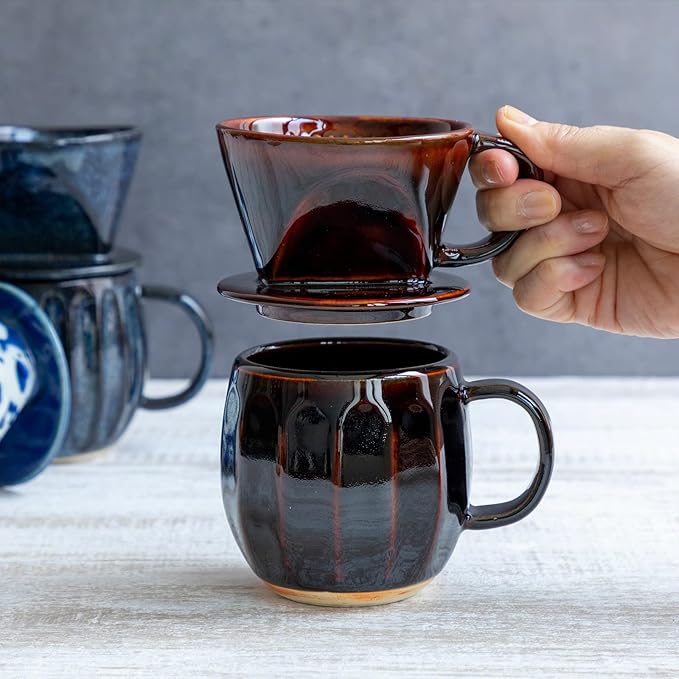 Asayu Japan Ceramic Coffee Pour Over Maker Set in Chocolate Brown Slow Brewing Paper Filter Holder and Dripper with 3 Holes for Coffee and Tea (Coffee Dripper Cone)