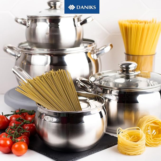 Daniks Classic 6.5 Quart Stainless Steel Stock Pot with Glass Lid Tri-Ply Bottom for Even Heating Induction Compatible Dishwasher Safe