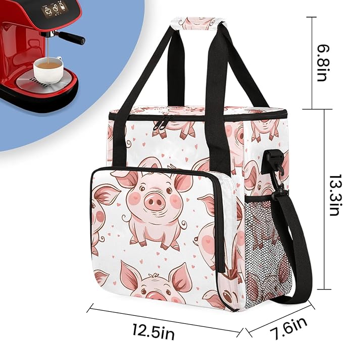Cute Animal Pig Coffee Maker Carring Bag Large Insulated Storage Organizer Case Tote Bags with Shoulder Strap for Travel Work Picnic