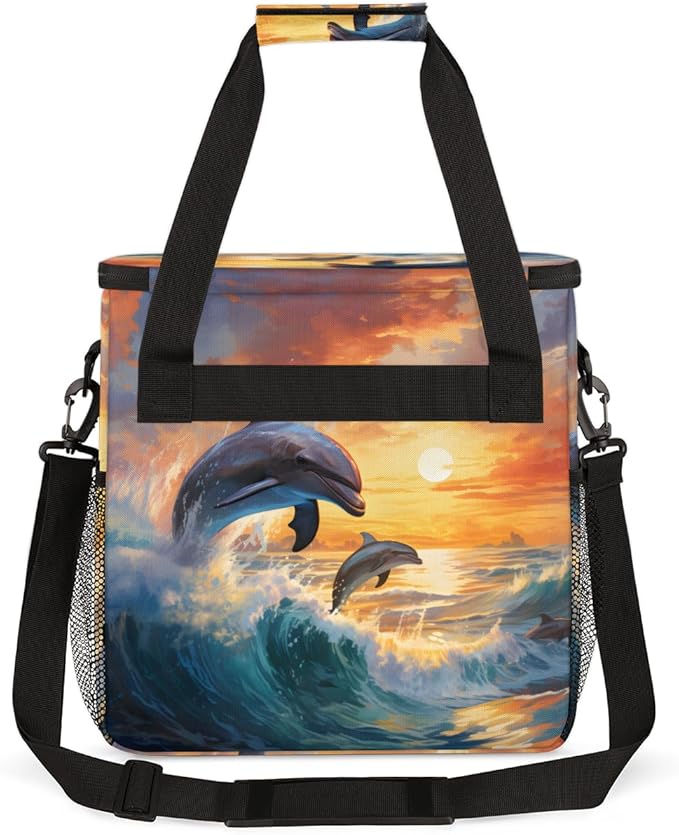 Cartoon Dolphin Coffee Maker Carrying Bag Sunset Dolphin Travel Storage Bag Compatible with K-Mini or K-Mini Plus Single Serve Coffee Brewer Carrying Case with Multiple Pockets &amp Shoulder Strap