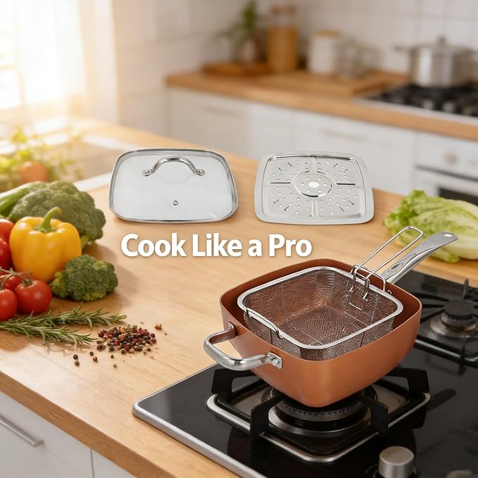 Stainless Steel Multifunctional Square Cookware Set Nonstick Pan and Deep Dish 4 - Piece - Even Heat Distribution Oven Safe to 500°F Perfect for Baking Frying and Steaming