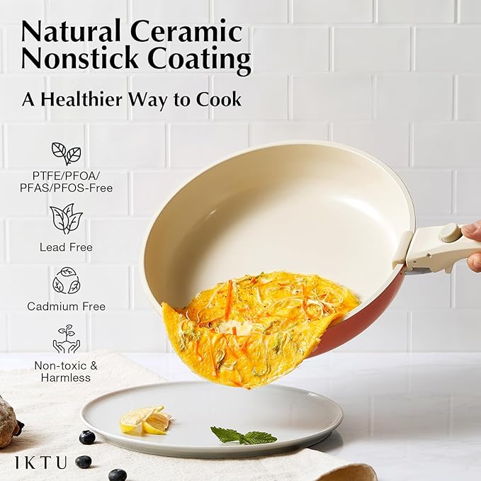 IKTU Ceramic Pots and Pans Set Non Stick Pink 8 Pcs Nonstick Cookware Set with Detachable Handle RV Camping Induction Kitchen Cookware Set Non Stick PFAS PFOA &amp PTFE Free