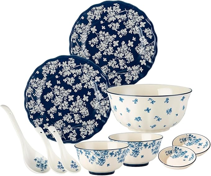 10 Pieces Dinnerware Sets Simple Elegant Plates and Bowls Sets Dinner Set for 2 Oven &amp Dishwasher &amp Microwave Safe Easy to Clean Non-slip Bottom High Temperature Firing Healthy and Colo