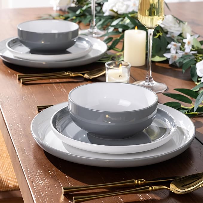 GBHOME 12 Pieces Ceramic Dinnerware Set Modern White Dish Set for 4Scratch Resistant Smooth Plates and Bowls SetsOven SafeMicrowave &amp Dishwasher