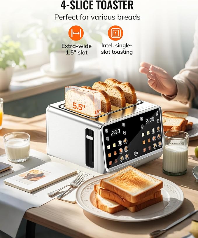 Keenstone Toaster 4 Slice Digital Smart Toaster with TouchScreen Dual Control Panel Single Slot Toasting Timer Reheat &amp Defrost for Bagels Bread Waffles Stainless Steel Kitchen Essentials