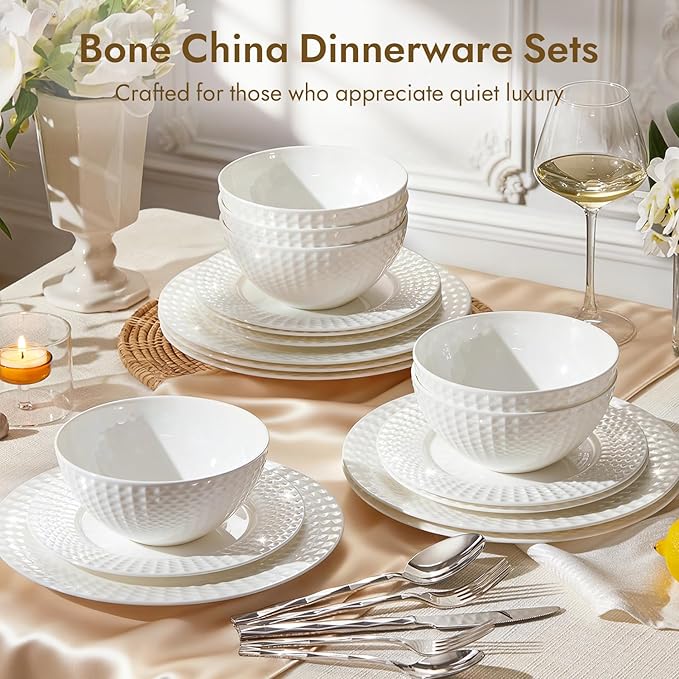 KINGSTONE Bone China Dinnerware Set 18-Piece White Lightweight Porcelain for 6 Plates and Bowls with Rhombus patterned edge design Microwave and Dishwasher Safe for Family Restaurant Gifting