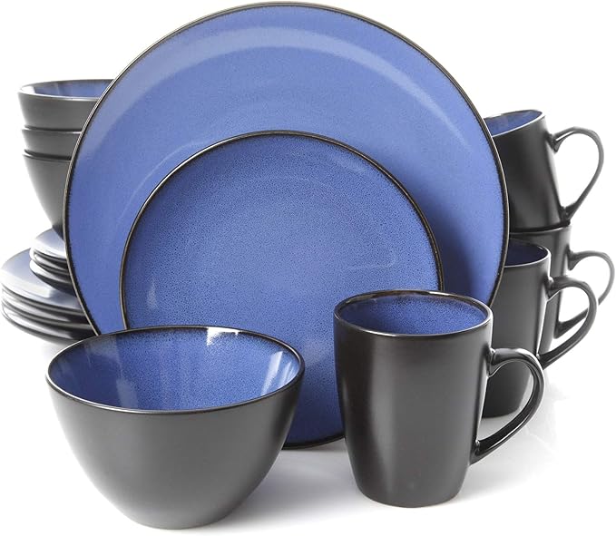 Soho Lounge Blue/Grey Stoneware 16-Piece Dinnerware Set (Service for 4) Textured Casual 16 Piece Dishwasher Safe Microwave