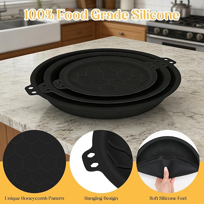 3 Piece Set Silicone Pan Protectors (Includes 81012) Pan Separators for Stacking Compatible with Hexclad Tfal All-Clad Nonstick Frying Pans and More Cookware Protector Dishwasher Safe Black