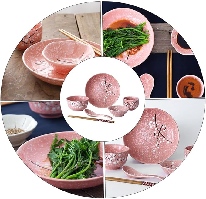 Happyyami 12-Piece Japanese Ceramic Dinnerware Set Home Tableware Creative Cutlery Kit Pink Dishwasher Safe for Single Users for Everyday Use