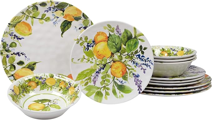 Lemon Zest 12-Piece Melamine Dinnerware Set Service for 4 – Unbreakable Outdoor Plates &amp Bowls for Patio Dining Summer BBQs Poolside Meals Picnics Everyday Family Use &amp Entertaining