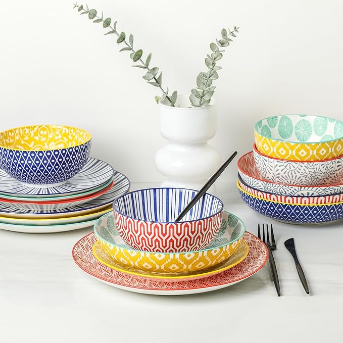 Selamica Ceramic Dinnerware Set 16 Pieces + 5 Oz Espresso Cups Set of 4 Assorted Colors