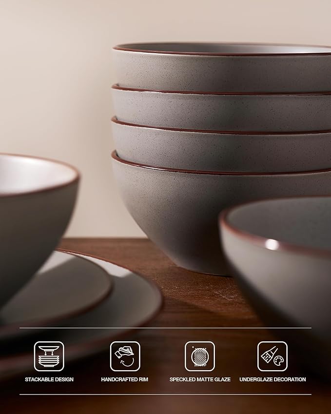 Famiware Venus Speckled Dinnerware Set with Pasta Bowls for 4 (16 Pieces) Stoneware Plates and Double Bowls Matte Dark Gray - Microwave &amp Dishwasher Safe Dishes with Trim for Everyday &amp Form