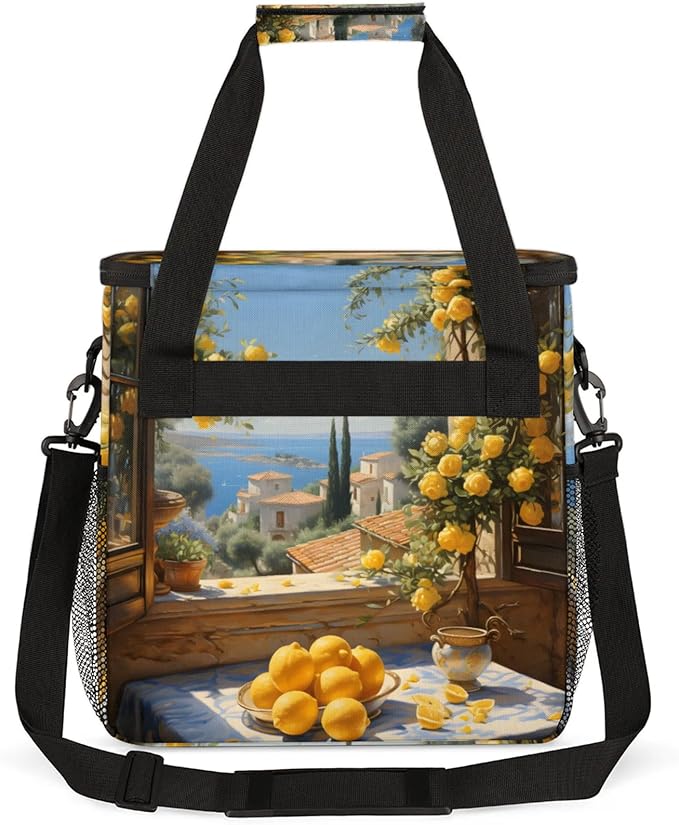Seascape Lemon Coffee Maker Travel Bag for Keurig K-Mini/K-Mini Plus Insulated Waterproof Tote with Pockets for K-Cup Portable Single-Serve Brewer Case