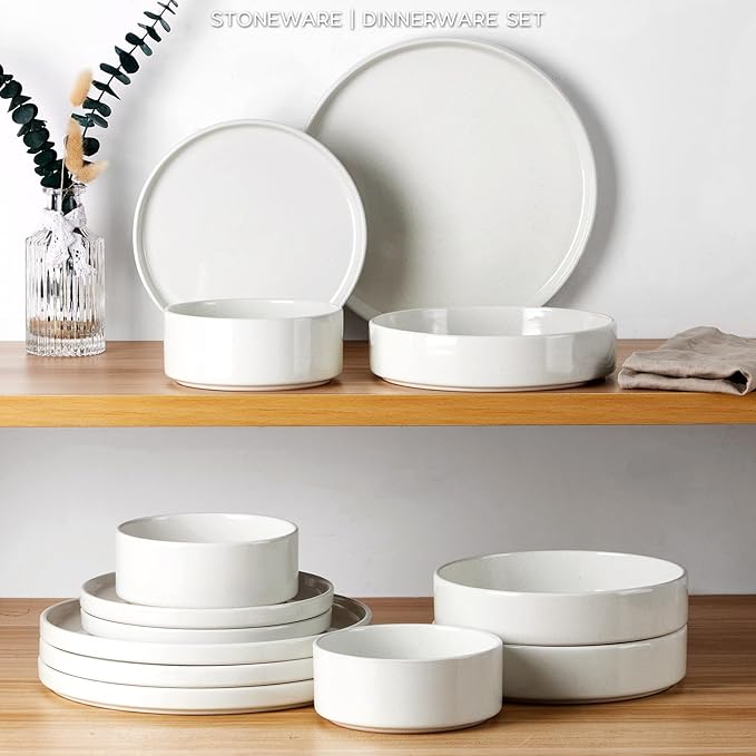 Stoneware Dinnerware Sets for 2 Onader Speckled Plates and Bowls 8 Pieces Ceramic Dish Dinner Set with Pasta Bowl Microwave &amp Dishwasher Safe - Cloud White
