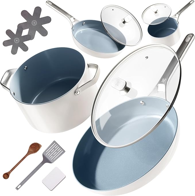 Premium Non-Toxic Ceramic Cookware Set – Triple-Layer Nonstick 12 Piece Pots and Pans with Lids PFAS-Free Oven Safe for Healthy Meals Space-Saving Design Birch White Color | Greater Goods
