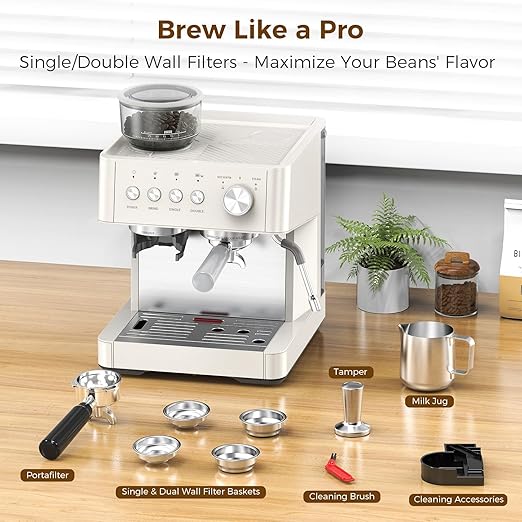 COWSAR 15-Bar Expresso Coffee Machines Commercial Espresso Machine with Grinder Milk Frother/Steam Wand &amp Tamping Tools for Cappuccino &amp Latte - White