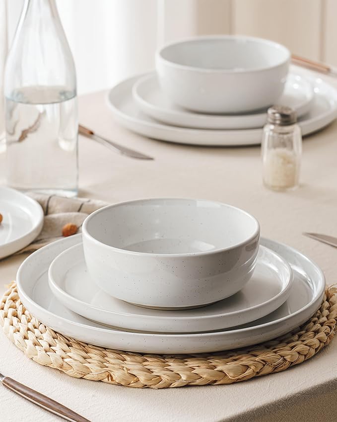 Famiware Milkyway Stoneware Dinnerware Sets with Pasta Bowls Service for 4 (16 Pieces) Plates and Bowls Sets -Scratch Resistant Microwave and Dishwasher Safe Dishes Set White